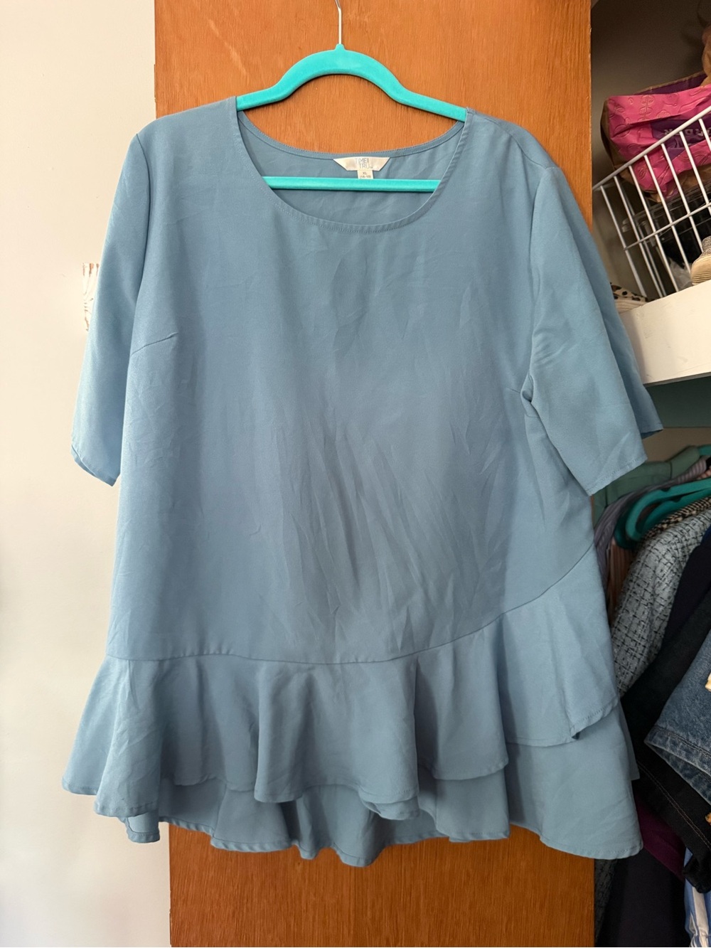 Time and Tru Dusty Blue Ruffle Hem Short Sleeve Tunic